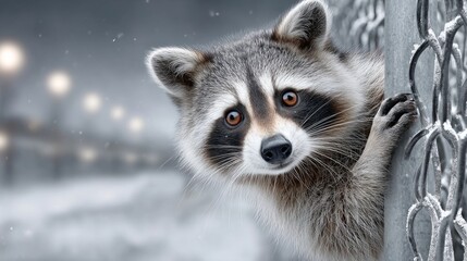 Obraz premium Curious raccoon exploring urban environment near fence in winter
