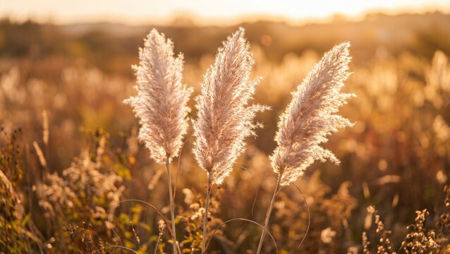 Pampas Grass Dramatic Golden Backlight Cinematic Wild Field Horizon Landscape Photography