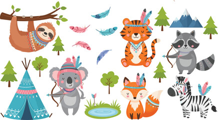 Cute Forest Animal Illustration Set Featuring Sloth, Koala, Tiger, Raccoon, Fox, and Zebra with Feathers, Trees, Mountains, Teepee, Pond, and Playful Woodland Elements for Kids and Digital Designs. © Lipi