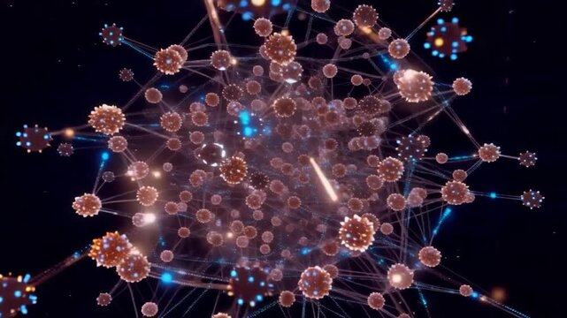 Microscopic virus interactions modeled for visualization purposes. Depicting viral outbreaks through detailed scientific modeling and microscopic visualizations in laboratory environments