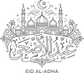 Naklejka premium Eid al Adha Arabic Calligraphy with Mosque and Crescent Moon Outline
