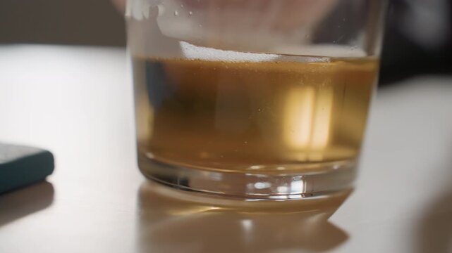 Closeup amber beer glass on table, hand tilting glass leaving thin foam ring, soft warm light, reflective coaster beside glass, quiet home pause after work, contemplative minimal motion, cinematic
