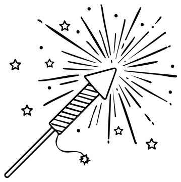 Hand drawn firework rocket exploding with stars and dots in a celebratory burst