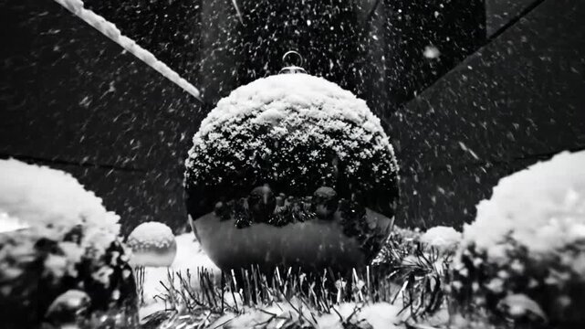 Black and white close up of Christmas baubles covered in snow and tinsel with snowfall
