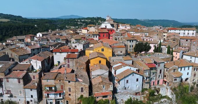 Orte Italy medieval city summer aerial exploration. Traditional cityscape stone architecture drone view iconic Lazio travel destination.