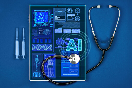 Artificial intelligence in healthcare, futuristic medical diagnostics interface with AI analysis. DNA and patient diagnostics in laboratory environment, AI medicine technology