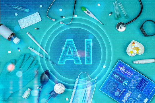 Artificial intelligence in healthcare, futuristic medical diagnostics interface with AI analysis. DNA and patient diagnostics in laboratory environment, AI medicine technology