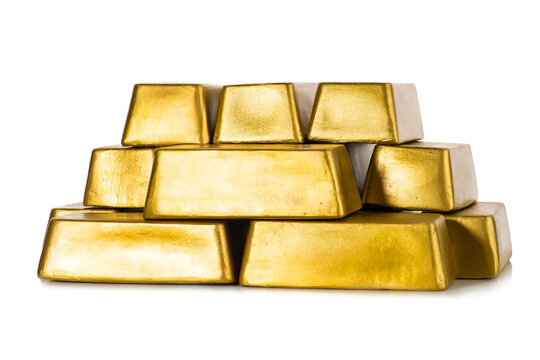 Gold bullion bars stacked on a white background, concept of personal savings, private investment, wealth storage, asset protection and financial planning.