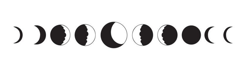 Moon phases icons illustrating lunar cycle from new moon to crescent and full moon in stylized vector art. © Sumon