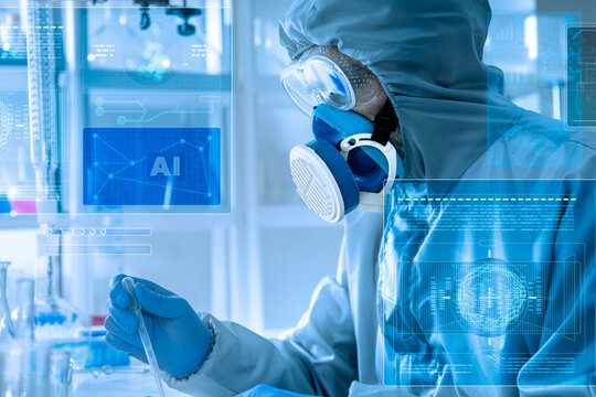Scientist in protective suit in a hazardous laboratory, artificial intelligence, holographic data visualization. AI-assisted research, digital data processing, laboratory safety scientific protocols.