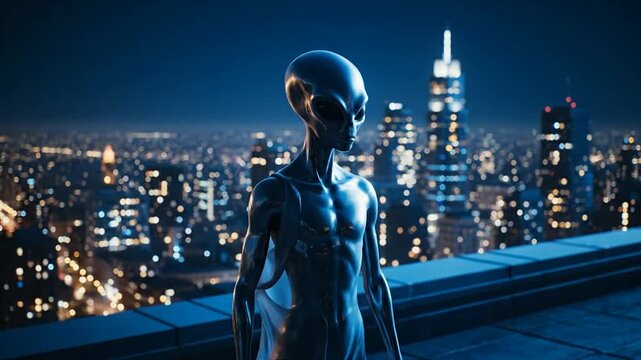 Alien figure standing on a skyscraper rooftop overlooking a city at night with lights