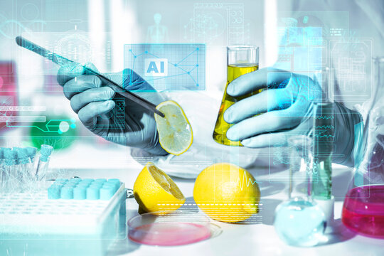 AI hologram interface in food lab as lemon slice is inspected with tweezers for quality grading and vitamin C profiling, smart citrus analysis concept.