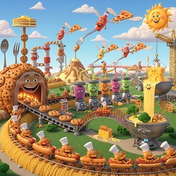Whimsical food theme park landscape scene.