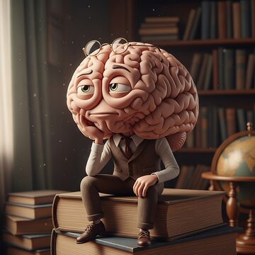 Brain character sitting on books thinking.