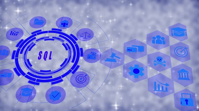 Dynamic sql database management interface featuring animated hexagonal data and cyber security network flow for corporate technology presentations