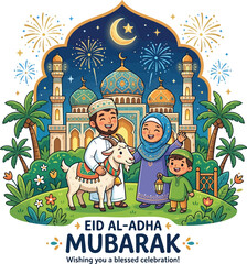 Naklejka premium Happy Muslim Family Celebrating Eid Al Adha with Goat and Mosque Illustration