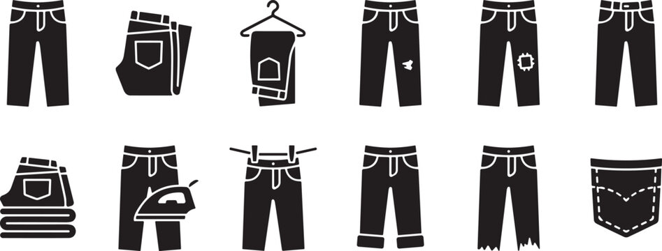 Pants jeans silhouette icons, folded pants, patched jeans, frayed hem, ironing clothes, hanging laundry, fashion care, clothing repair, vector set