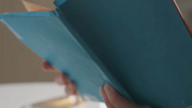 Teal journal in hands on desk, adult student reading notes by lamp, closeup fingers turning pages, soft warm light, textured cover, focused study atmosphere, quiet domestic interior, reflective mood