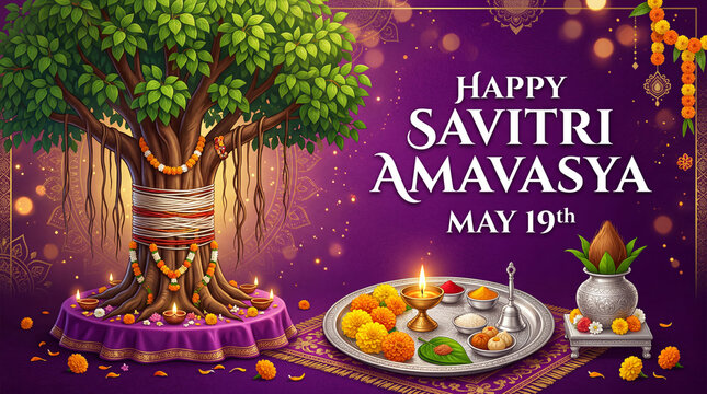 happy savitri amavasya celebration illustration with sacred banyan tree decorated with threads marigold garlands and puja thali