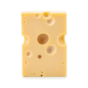 Closeup of a rectangular block of Swiss cheese with holes.