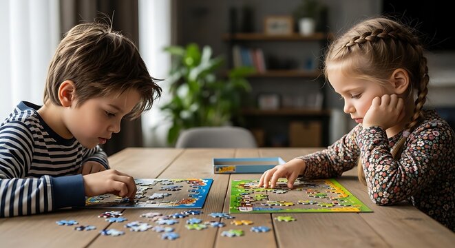 Two children playing puzzle game together.