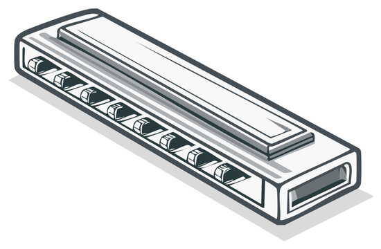 Stylized harmonica illustration offers music enjoyment, representing simple instrument with air openings.