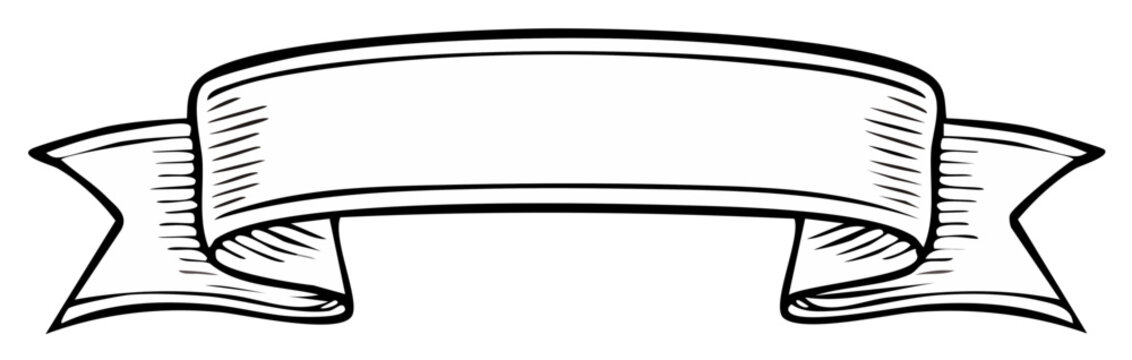 Black and white sketch illustration of a blank ribbon banner for text or message insertion