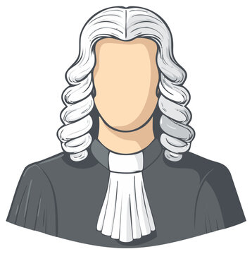 Illustration of a stylized judge wearing a judicial wig and robe with jabot