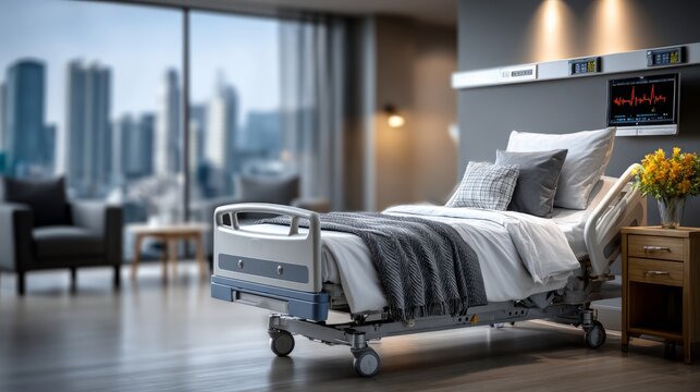 Modern hospital room with a medical bed and city view in the background