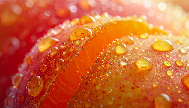 Close-up of fresh water drops on a red caviar-like textured background
