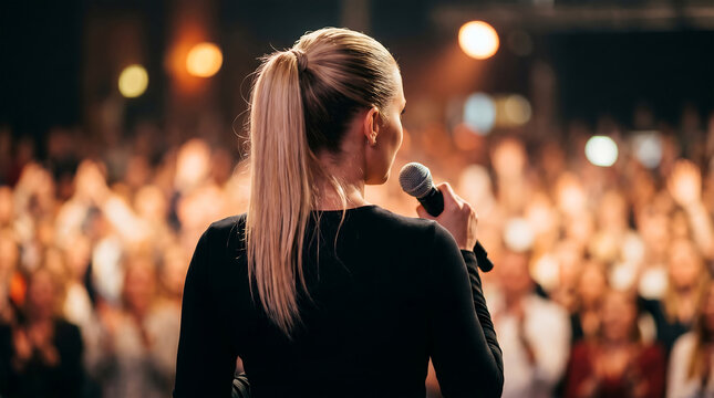 Blonde woman public speaker giving speech with microphone at seminar for business conference and leadership concept