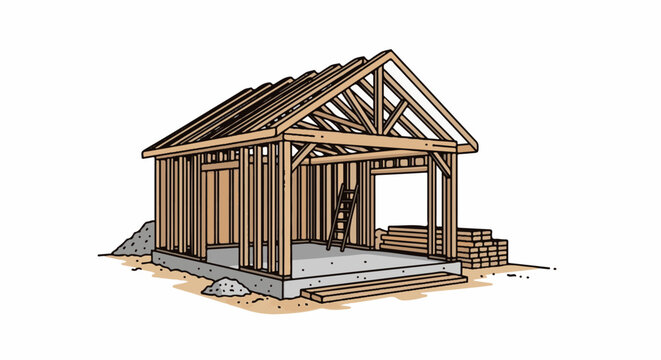 Unfinished wooden building frame with visible rafters, walls, and foundation