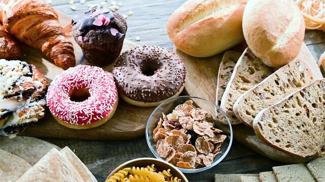 Composition with variety of food products containing gluten.