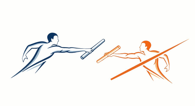 Two stylized athletes, one blue and one orange, pass batons