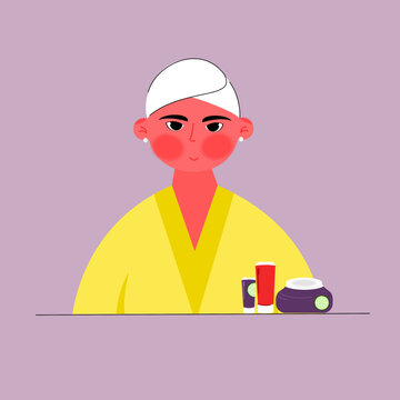 Character illustration of woman self care, beauty, skincare products 