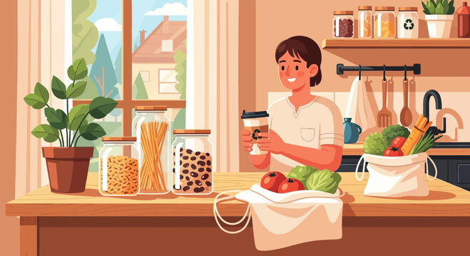 Young man happily organizing groceries in a bright kitchen.