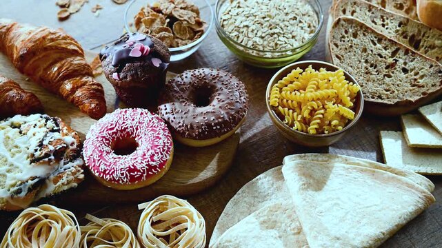 Composition with variety of food products containing gluten.