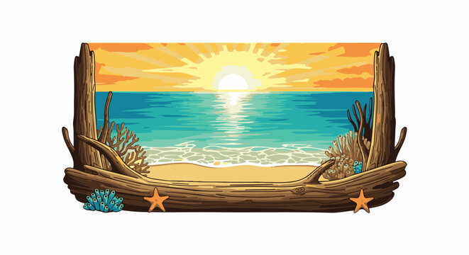 Beach scene with sunset over ocean, framed by driftwood and coral
