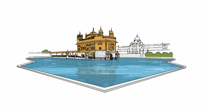 Ornate golden building reflected in a blue pool