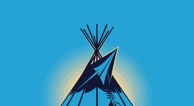 Stylized teepee against a gradient blue sky