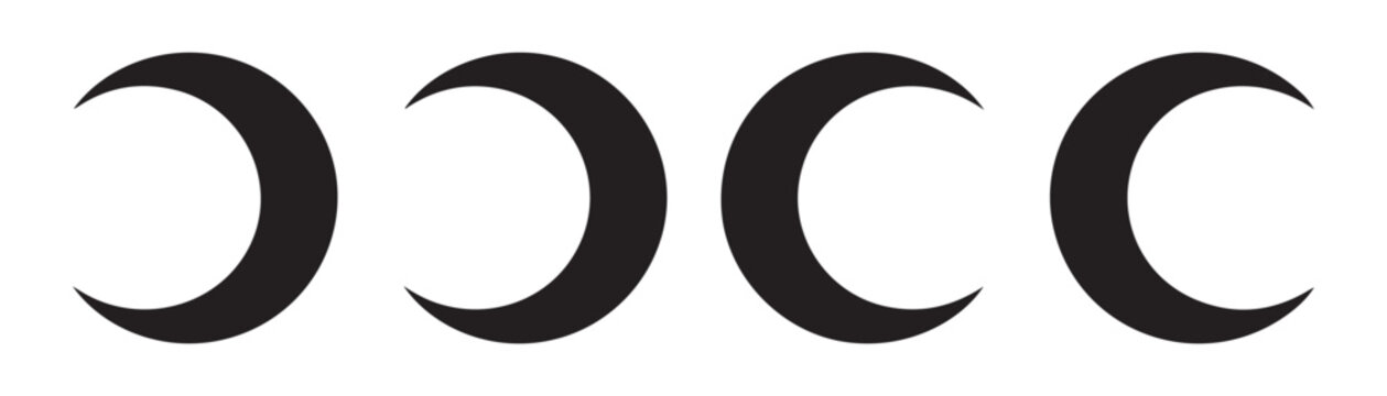 Set of black moon icons vector on transparent background, simple crescent moon in a row for web design.