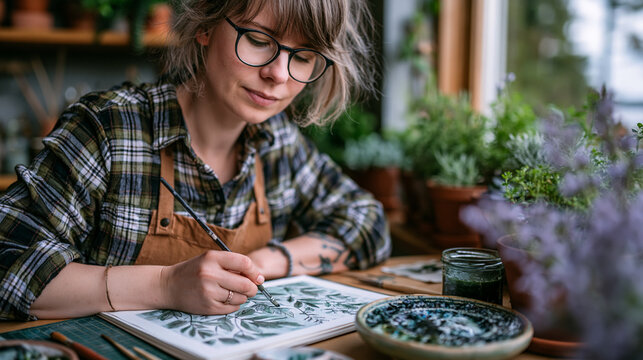 Watercolor botanical illustrator referencing a spring herb garden outside an open studio window, brushstrokes matching the sage green of real leaves on paper, ideal for botanical art, herb illustrat
