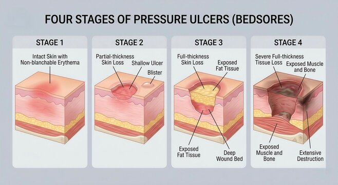 4 Stages of Pressure Ulcers Medical Diagram