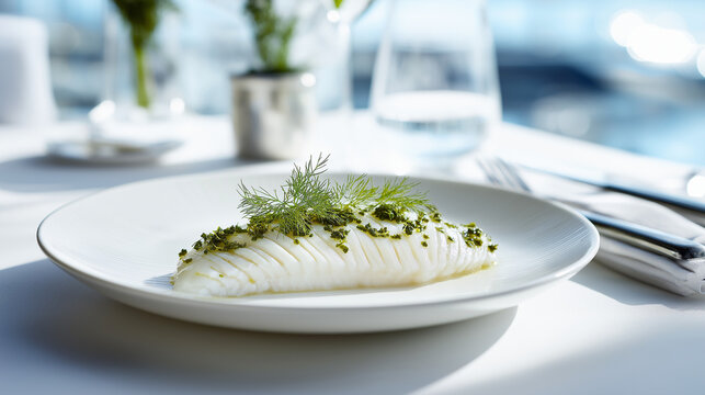 turbot. A white fish fillet on a ceramic plate in a fine dining setting. menu design, packaging mockups, designed for food delivery and cloud-kitchen brand materials, supports restaurant marketing.