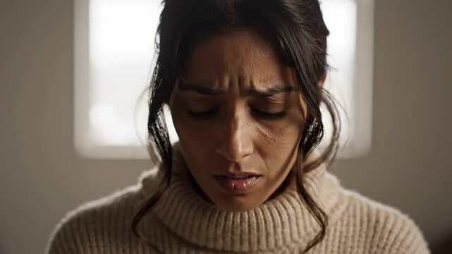 Woman wearing a beige turtleneck looking concerned and stressed with a troubled facial expression looking directly into the camera