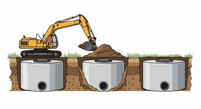 Excavator installs concrete tanks underground for infrastructure project