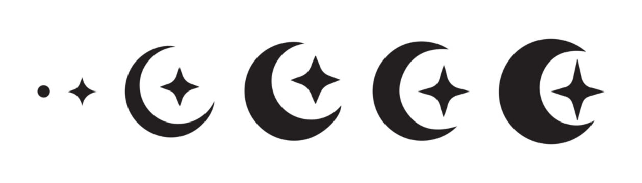Set of black crescent moon and star icons vector, simple celestial symbols on transparent background.