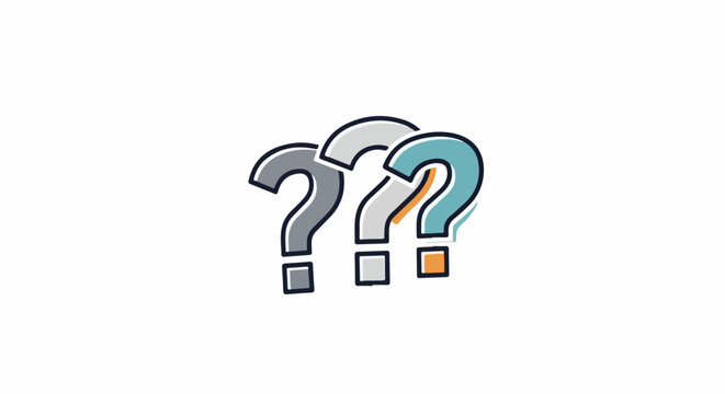 Three stylized question marks in grey, light gray, and teal on white