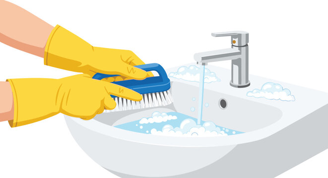 Close-up perspective of hands wearing yellow protective gloves scrubbing a white bathroom sink with a blue plastic brush while water flows from a chrome faucet fixture.
