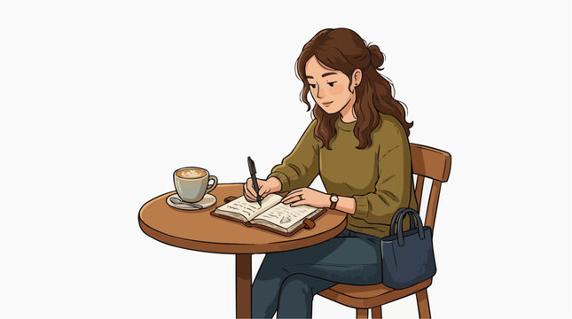 A woman sits at a cafe, engrossed in journaling, with a steaming cup of coffee nearby. It's a scene of quiet contemplation and creative expression. 